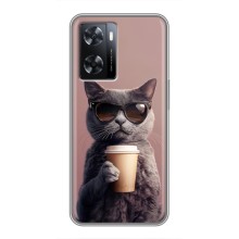 Чехол с принтом стильные животные для Оппо А77 (Кот с кофе)