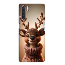 Яркий чехол для Oppo A91 с Зимними Оленятами – Олень в свитере
