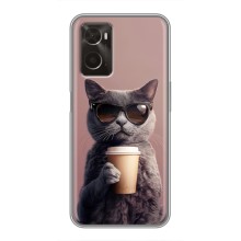 Чехол с принтом стильные животные для Оппо А96 (Кот с кофе)