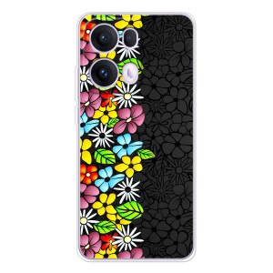 Силиконовый бампер с принтом (цветочки) на ОППО Рено 13 Про 5G (Яркие цветы на черном)