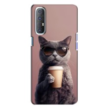 Чехол с принтом стильные животные для Оппо Рено 3 (Кот с кофе)