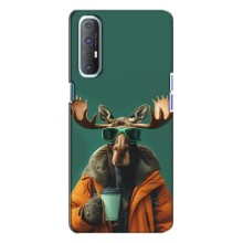 Чехол с принтом стильные животные для Оппо Рено 3 (Лось с кофе)