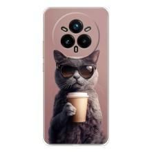 Чохол з принтом стильні тварини для Реалмі 14 Про Плюс (Кіт з кавою)