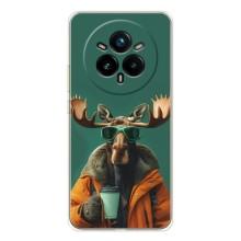 Чехол с принтом стильные животные для Реалми 14 Про (Лось с кофе)