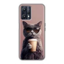 Чехол с принтом стильные животные для Реалми 9 – Кот с кофе