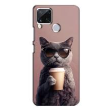 Чехол с принтом стильные животные для Реалми С15 (Кот с кофе)