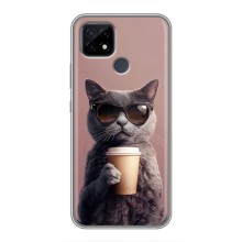 Чехол с принтом стильные животные для Реалми С21 (Кот с кофе)