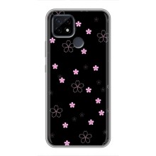 Чехол с розовым рисунком для Realme C21 (Розовые цветы на черном)