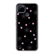 Чехол с розовым рисунком для Realme C21Y (Розовые цветы на черном)