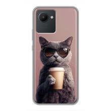 Чехол с принтом стильные животные для Реалми С30 (Кот с кофе)