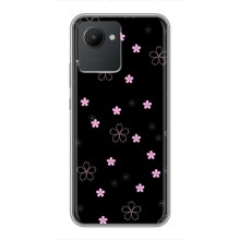 Чехол с розовым рисунком для Realme C30 (Розовые цветы на черном)
