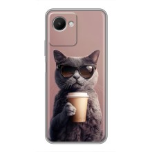 Чехол с принтом стильные животные для Реалми С30s (Кот с кофе)