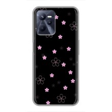 Чехол с розовым рисунком для Realme C35 (Розовые цветы на черном)