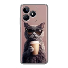 Чехол с принтом стильные животные для РЕалми С53 (Кот с кофе)