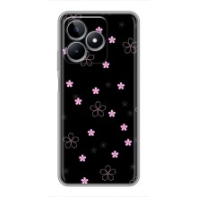 Чехол с розовым рисунком для Realme C53 (Розовые цветы на черном)