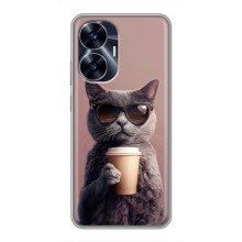 Чехол с принтом стильные животные для Реалми С55 (Кот с кофе)