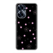 Чехол с розовым рисунком для Realme C55 (Розовые цветы на черном)