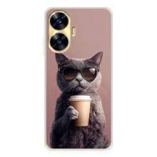 Чехол с принтом стильные животные для Реалми С56 (Кот с кофе)