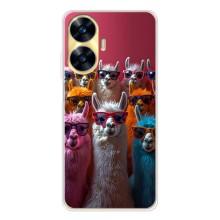 Чехол с принтом стильные животные для Реалми С56 (Ламы в очках)