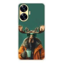 Чехол с принтом стильные животные для Реалми С56 (Лось с кофе)