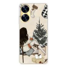 Рождественские, Праздничные Чехлы для Реалми С56 (Девушка с елкой)