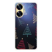 Зимние Чехлы для Реалми С56 - прозрачный фон (Рождественские елки)
