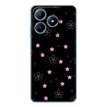 Чехол с розовым рисунком для Realme C61 (Розовые цветы на черном)
