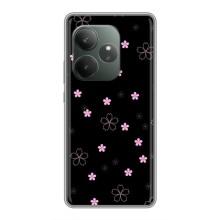 Чехол с розовым рисунком для Realme GT 6T – Розовые цветы на черном