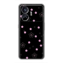 Чехол с розовым рисунком для Realme GT5 (Розовые цветы на черном)