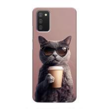 Чехол с принтом стильные животные для Самсунг А03с (Кот с кофе)