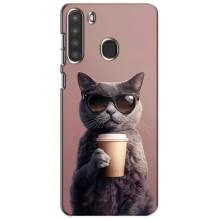 Чехол с принтом стильные животные для Самсунг А21 – Кот с кофе