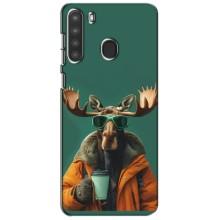 Чехол с принтом стильные животные для Самсунг А21 – Лось с кофе