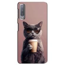 Чехол с принтом стильные животные для Самсунг А7-2018, А750 – Кот с кофе