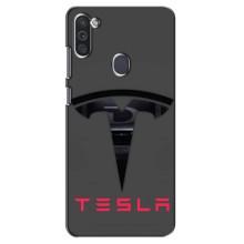 Силиконовый бампер с картинкой машины на Samsung Galaxy M11 (Logo TESLA)
