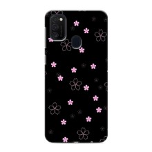 Чехол с розовым рисунком для Samsung Galaxy M21 (Розовые цветы на черном)