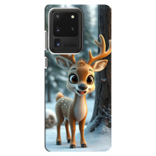Яркий чехол для Samsung Galaxy S20 Ultra с Зимними Оленятами (Оленёнок в лесу)