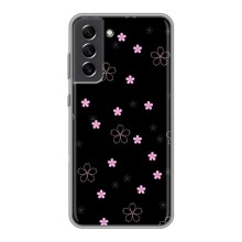 Чехол с розовым рисунком для Samsung Galaxy S21 FE (Розовые цветы на черном)