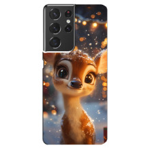 Яркий чехол для Samsung Galaxy S21 ultra с Зимними Оленятами – Оленёнок среди гирлянд