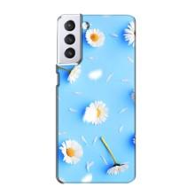 Чехол с Цветами для Samsung Galaxy S21 (ромашки на голубом)