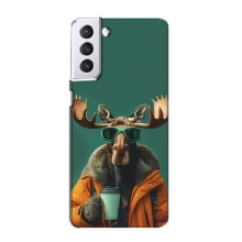 Чохол з принтом стильні тварини для Samsung Galaxy S21 (Лось з кавою)