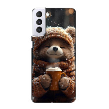 Печатный чехол «Зверята с кофе» для Samsung Galaxy S21 – Мишка с кофе