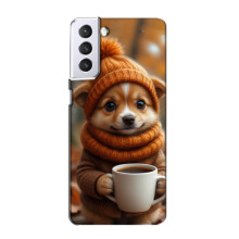 Печатный чехол «Зверята с кофе» для Samsung Galaxy S21 – Песик с кофе
