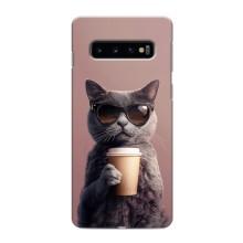 Чехол с принтом стильные животные для Самсунг С10 Плюс – Кот с кофе
