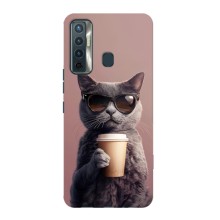 Чехол с принтом стильные животные для Техно Камон 17 (Кот с кофе)
