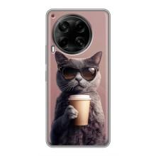 Чехол с принтом стильные животные для Техно Камон 30 (Кот с кофе)