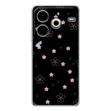 Чехол с розовым рисунком для Tecno Pova 6 Neo 5G (Розовые цветы на черном)
