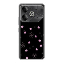 Чехол с розовым рисунком для Tecno Pova 6 (Розовые цветы на черном)