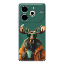 Чехол с принтом стильные животные для Пова 7 Про – Лось с кофе
