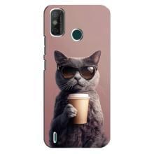 Чехол с принтом стильные животные для Техно Спарк 6 ГО – Кот с кофе