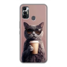 Чехол с принтом стильные животные для Техно Спарк 7Р (Кот с кофе)